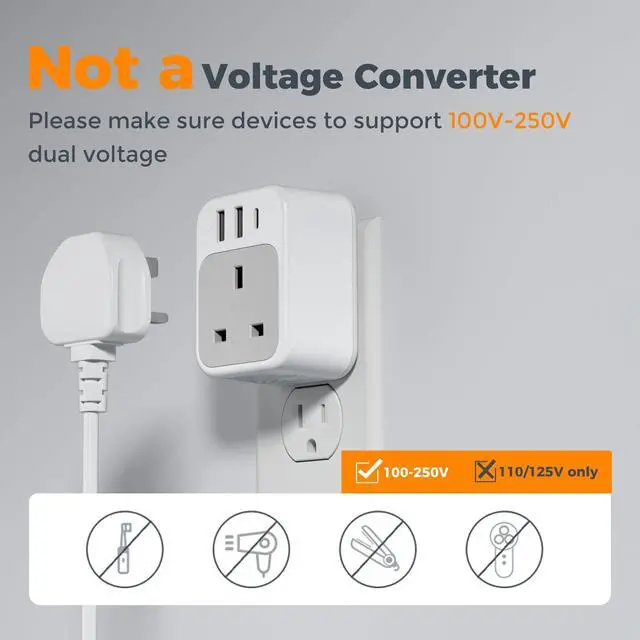 Alt view image 7 of 7 - UK to US Plug Adapter, UK Adapters for Travel with AC Outlet 3 USB (1 USB C), Type G Power Adapter Ireland London Scotland Kenya Dubai Singapore to Type B USA Travel Adaptor