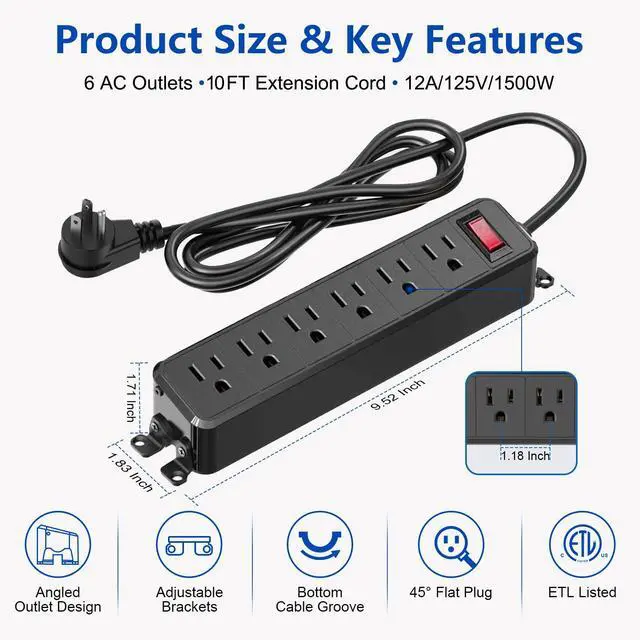 Alt view image 2 of 7 - Wall Mount Power Strip Black, 6 Outlet Mountable Power Strip with Switch, 10ft Flat Plug Extension Cord for Home, Office, and School, ETL Listed (10ft, 6 Outlets)