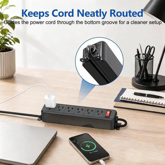 Alt view image 4 of 7 - Wall Mount Power Strip Black, 6 Outlet Mountable Power Strip with Switch, 10ft Flat Plug Extension Cord for Home, Office, and School, ETL Listed (10ft, 6 Outlets)