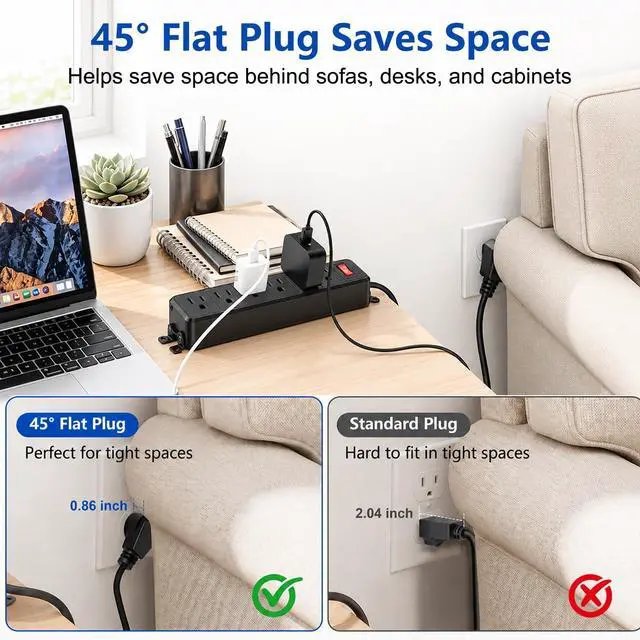 Alt view image 5 of 7 - Wall Mount Power Strip Black, 6 Outlet Mountable Power Strip with Switch, 10ft Flat Plug Extension Cord for Home, Office, and School, ETL Listed (10ft, 6 Outlets)