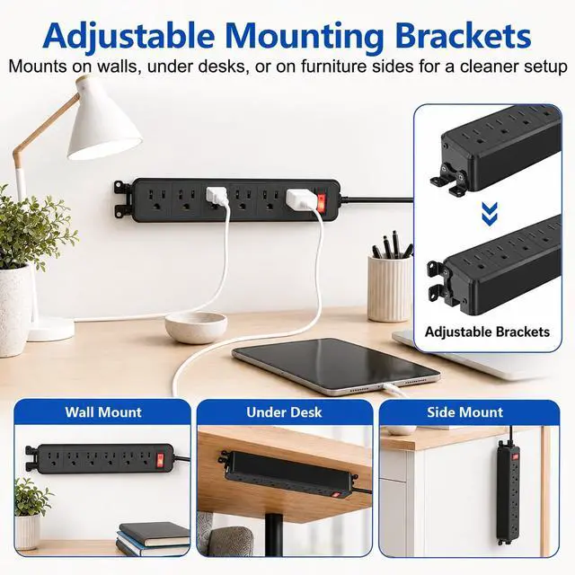 Alt view image 6 of 7 - Wall Mount Power Strip Black, 6 Outlet Mountable Power Strip with Switch, 10ft Flat Plug Extension Cord for Home, Office, and School, ETL Listed (10ft, 6 Outlets)