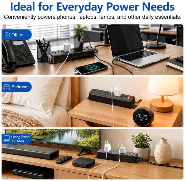 Alt view image 7 of 7 - Wall Mount Power Strip Black, 6 Outlet Mountable Power Strip with Switch, 10ft Flat Plug Extension Cord for Home, Office, and School, ETL Listed (10ft, 6 Outlets)