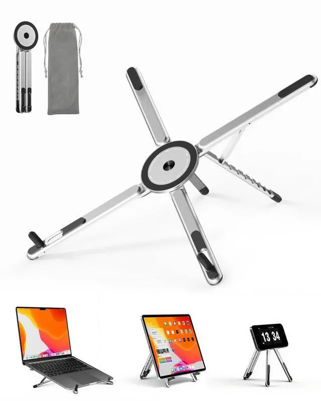 Main image of Portable Laptop Stand for Desk, Foldable Adjustable Computer Riser with Magnetic Phone Holder, Aluminum Laptop Stand for 1016 Laptops & 413 Phones/Tablets (Silver)