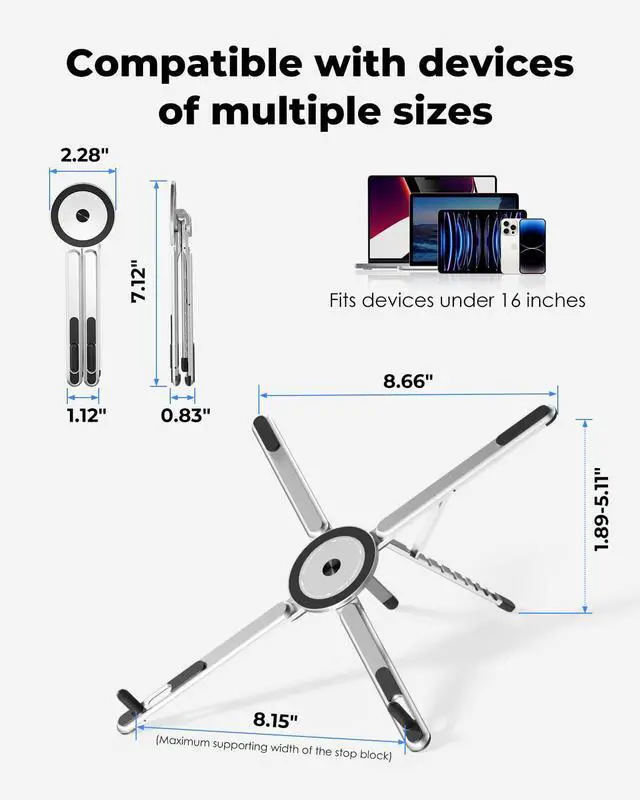 Alt view image 3 of 6 - Portable Laptop Stand for Desk, Foldable Adjustable Computer Riser with Magnetic Phone Holder, Aluminum Laptop Stand for 1016 Laptops & 413 Phones/Tablets (Silver)