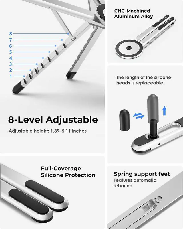 Alt view image 5 of 6 - Portable Laptop Stand for Desk, Foldable Adjustable Computer Riser with Magnetic Phone Holder, Aluminum Laptop Stand for 1016 Laptops & 413 Phones/Tablets (Silver)