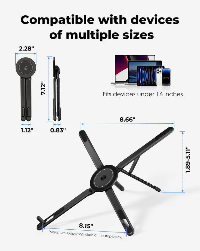 Alt view image 3 of 6 - Portable Laptop Stand for Desk, Foldable Adjustable Computer Riser with Magnetic Phone Holder, Aluminum Laptop Stand for 1016 Laptops & 413 Phones/Tablets (Black)