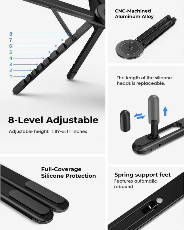 Alt view image 5 of 6 - Portable Laptop Stand for Desk, Foldable Adjustable Computer Riser with Magnetic Phone Holder, Aluminum Laptop Stand for 1016 Laptops & 413 Phones/Tablets (Black)