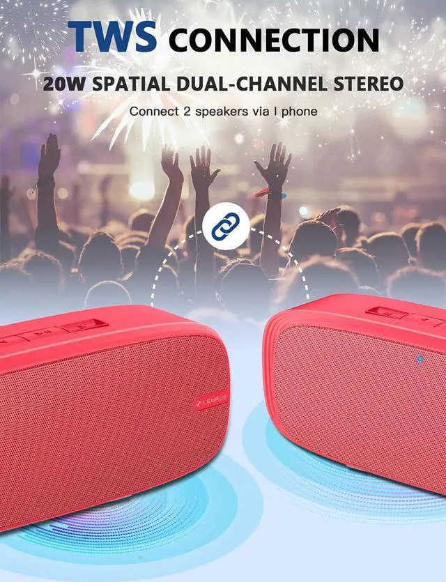 Alt view image 3 of 6 - Bluetooth Speaker, Wireless Portable Speaker with Loud Stereo Sound, Rich Bass, 12-Hour Playtime, Built-in Mic. Perfect for iPhone, Samsung and More (Red)