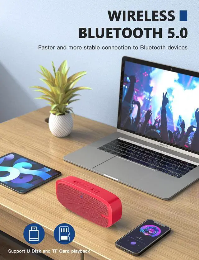 Alt view image 4 of 6 - Bluetooth Speaker, Wireless Portable Speaker with Loud Stereo Sound, Rich Bass, 12-Hour Playtime, Built-in Mic. Perfect for iPhone, Samsung and More (Red)