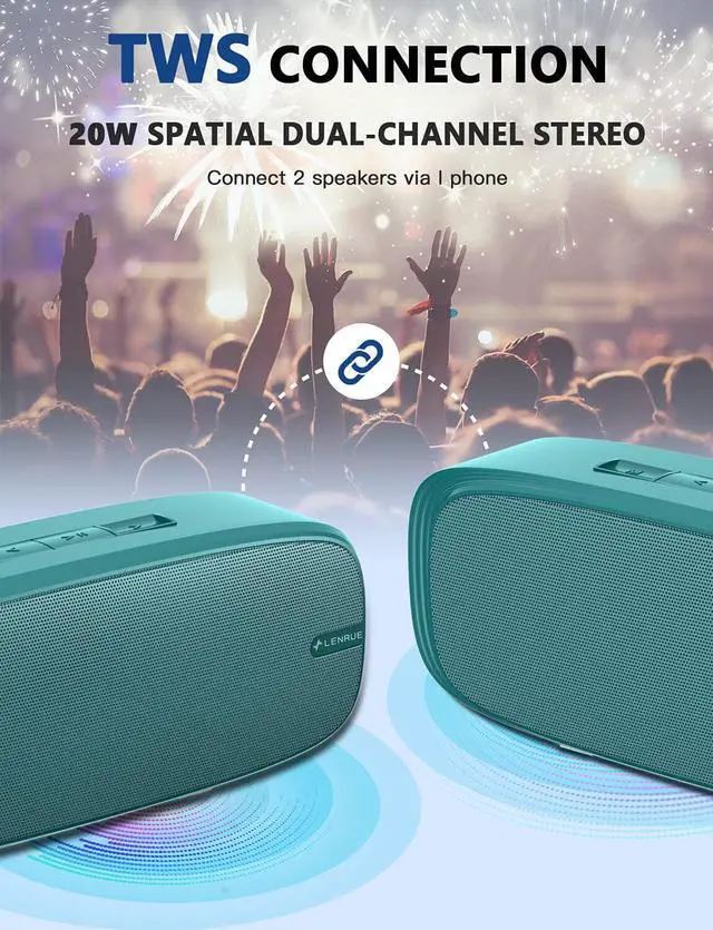 Alt view image 3 of 6 - Bluetooth Speaker, Wireless Portable Speaker with Loud Stereo Sound, Rich Bass, 12-Hour Playtime, Built-in Mic. Perfect for iPhone, Samsung and More (Green)