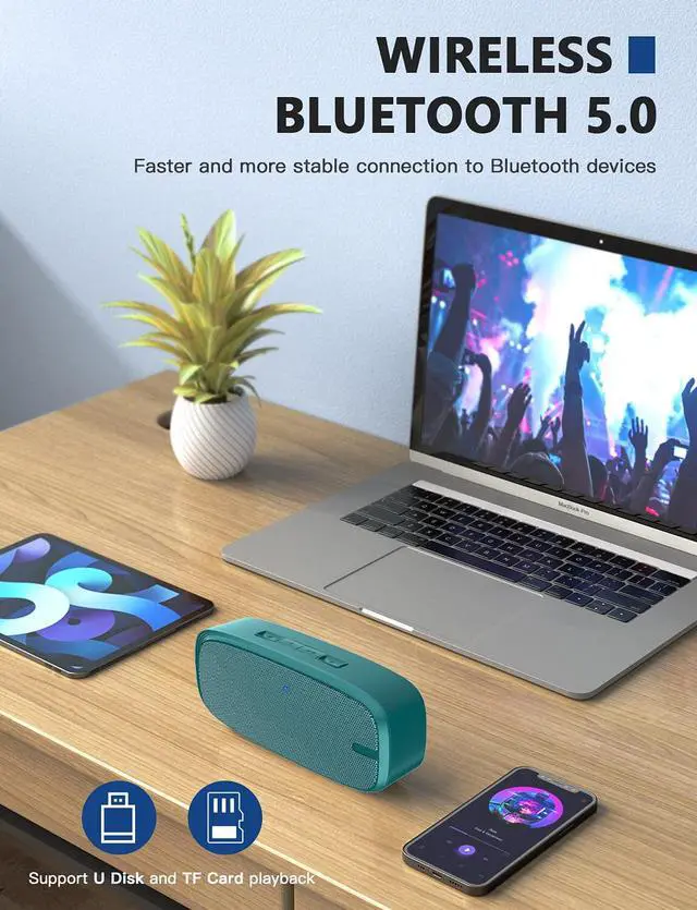 Alt view image 4 of 6 - Bluetooth Speaker, Wireless Portable Speaker with Loud Stereo Sound, Rich Bass, 12-Hour Playtime, Built-in Mic. Perfect for iPhone, Samsung and More (Green)