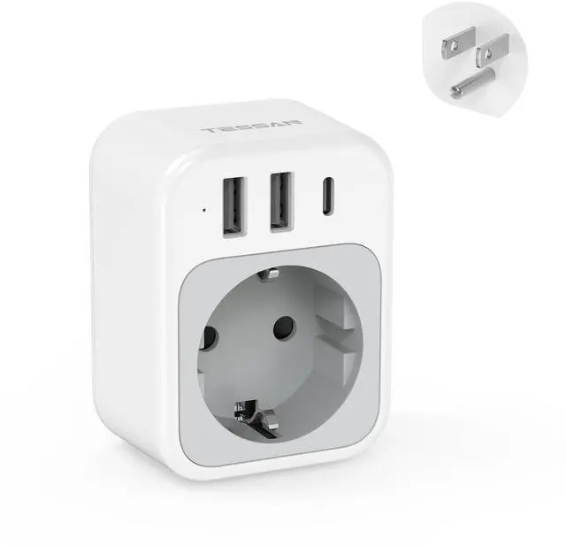 Main image of EU to US Plug Adapter, European Travel Adaptor with 1 AC Outlet and 3 USB Ports(1 USB C), Most of Europe Germany France Korea Greece Type C/E/F Plugs to US Power Adapter
