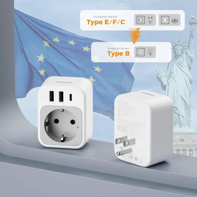Alt view image 2 of 6 - EU to US Plug Adapter, European Travel Adaptor with 1 AC Outlet and 3 USB Ports(1 USB C), Most of Europe Germany France Korea Greece Type C/E/F Plugs to US Power Adapter