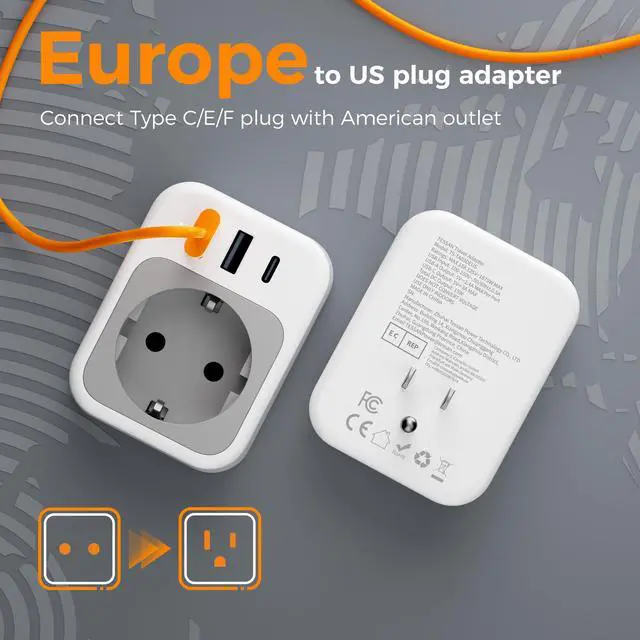 Alt view image 3 of 6 - EU to US Plug Adapter, European Travel Adaptor with 1 AC Outlet and 3 USB Ports(1 USB C), Most of Europe Germany France Korea Greece Type C/E/F Plugs to US Power Adapter