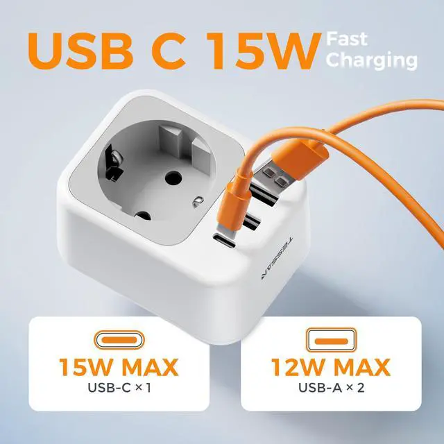 Alt view image 4 of 6 - EU to US Plug Adapter, European Travel Adaptor with 1 AC Outlet and 3 USB Ports(1 USB C), Most of Europe Germany France Korea Greece Type C/E/F Plugs to US Power Adapter