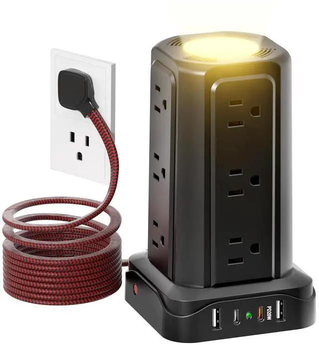 Main image of Power Strips with Surge Protection, Flat Plug Power Strip with 12 Outlets 4 USB Ports, Charging Tower 1625W/13A 6FT Braided Extension Cord with Multiple Outlets Office Supplies Dorm Essentials