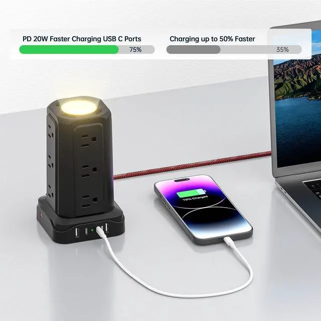 Alt view image 5 of 7 - Power Strips with Surge Protection, Flat Plug Power Strip with 12 Outlets 4 USB Ports, Charging Tower 1625W/13A 6FT Braided Extension Cord with Multiple Outlets Office Supplies Dorm Essentials