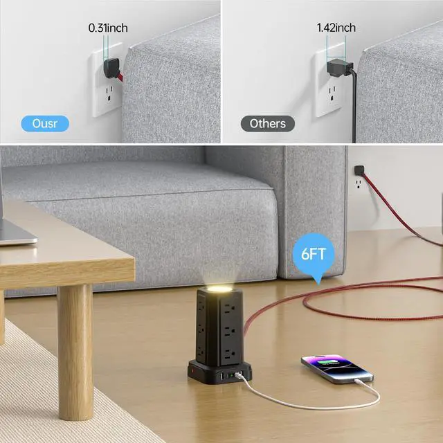 Alt view image 6 of 7 - Power Strips with Surge Protection, Flat Plug Power Strip with 12 Outlets 4 USB Ports, Charging Tower 1625W/13A 6FT Braided Extension Cord with Multiple Outlets Office Supplies Dorm Essentials