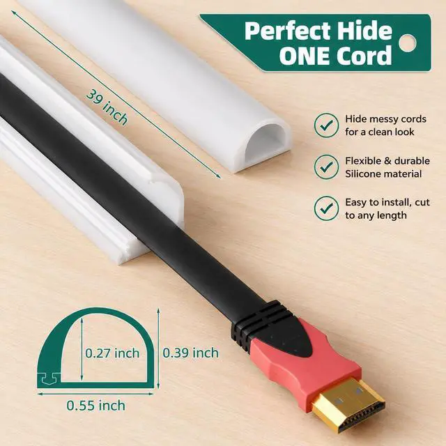 Alt view image 2 of 7 - Cord Hider Raceway Kit, 39 inch Wall Cable Hider for 1 Cable, Silicone Material Hiding Wall Mount TV Powers Cords in Home Office, W0.59 H0.39in White