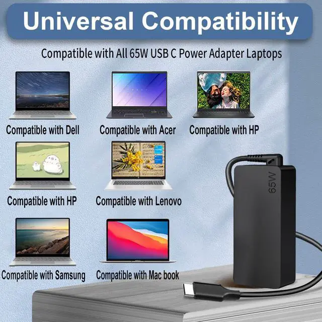 Alt view image 4 of 7 - 65W USB C Laptop Charger Replacement for Lenovo Thinkpad/Yoga/ Chromebook Laptop Computer, Thinkpad T14 T15 T16 E14 E15 Type C Laptop Charger Fast Charging