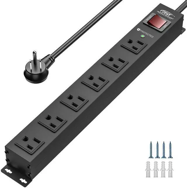 Main image of 6 Outlet Heavy Duty Power Strip with Switch, 15A/1875W Metal Mountable Power Strip Surge Protector 2100Joules, Wide Spaced Power Bar for Garage Worshop, 6 FT Cord