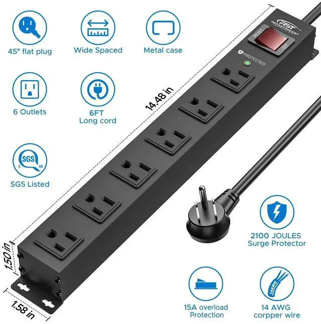 Alt view image 3 of 7 - 6 Outlet Heavy Duty Power Strip with Switch, 15A/1875W Metal Mountable Power Strip Surge Protector 2100Joules, Wide Spaced Power Bar for Garage Worshop, 6 FT Cord