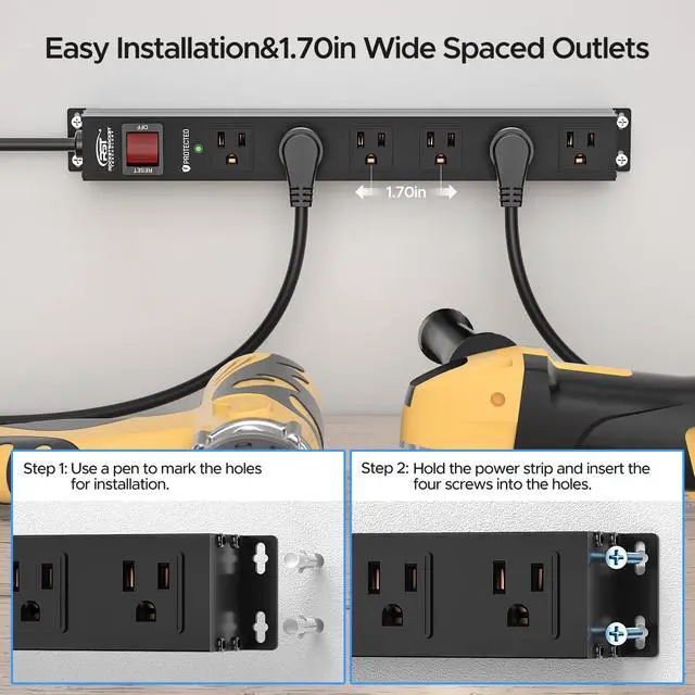 Alt view image 5 of 7 - 6 Outlet Heavy Duty Power Strip with Switch, 15A/1875W Metal Mountable Power Strip Surge Protector 2100Joules, Wide Spaced Power Bar for Garage Worshop, 6 FT Cord