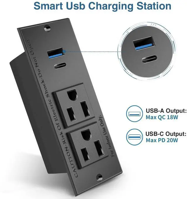 Alt view image 2 of 7 - 20W PD Conference Recessed Power Strip with Fast USB C, Furniture Recessed Outlet, Desktop Power Strip, Desktop Charging Station with 2 Outlets and 1 USB and 1 Type-C