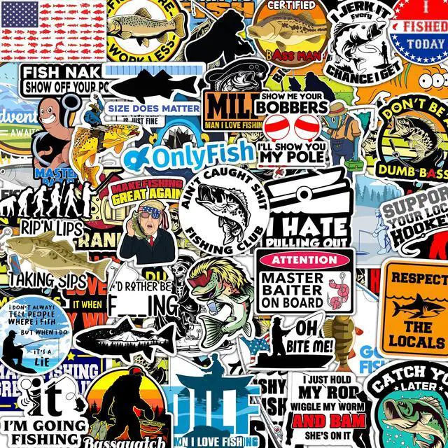 Main image of 74pcs Funny Fishing Stickers for Tackle Box, Bucket, Father's Day Gift Waterproof Laptop Car Vinyl Skateboard Water Bottle Hard hat Tool Travel Case Guitar