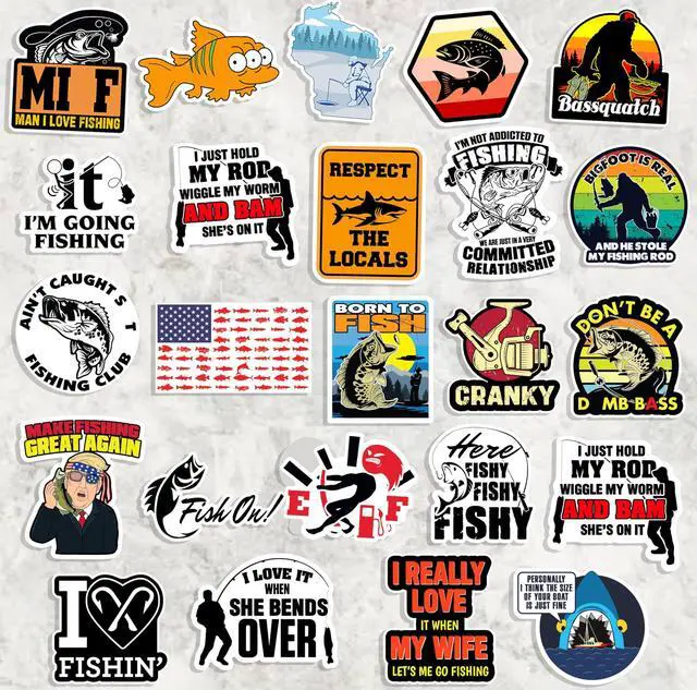 Alt view image 2 of 7 - 74pcs Funny Fishing Stickers for Tackle Box, Bucket, Father's Day Gift Waterproof Laptop Car Vinyl Skateboard Water Bottle Hard hat Tool Travel Case Guitar