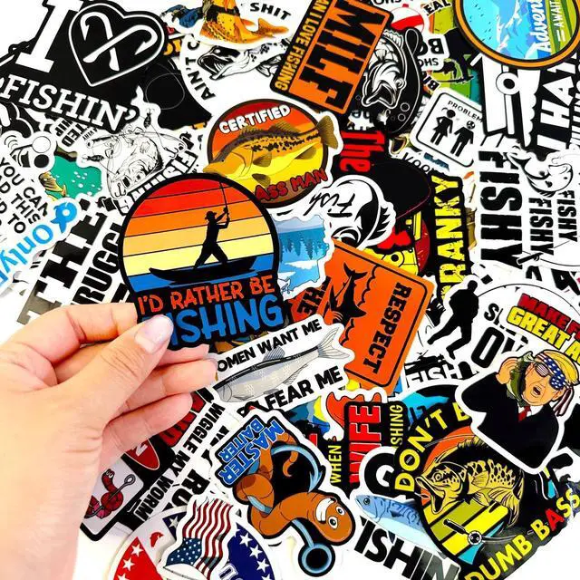 Alt view image 4 of 7 - 74pcs Funny Fishing Stickers for Tackle Box, Bucket, Father's Day Gift Waterproof Laptop Car Vinyl Skateboard Water Bottle Hard hat Tool Travel Case Guitar