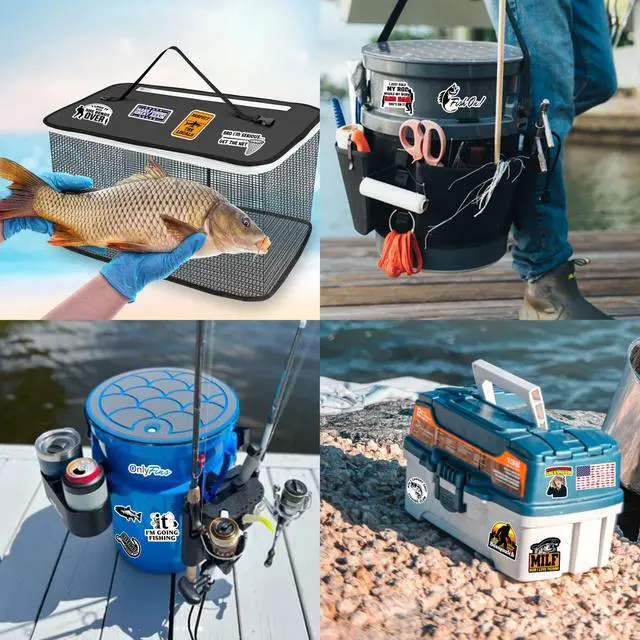 Alt view image 5 of 7 - 74pcs Funny Fishing Stickers for Tackle Box, Bucket, Father's Day Gift Waterproof Laptop Car Vinyl Skateboard Water Bottle Hard hat Tool Travel Case Guitar