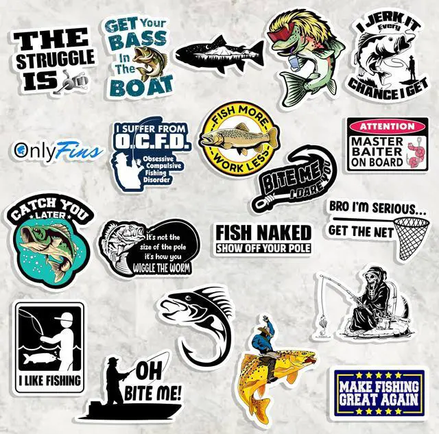 Alt view image 7 of 7 - 74pcs Funny Fishing Stickers for Tackle Box, Bucket, Father's Day Gift Waterproof Laptop Car Vinyl Skateboard Water Bottle Hard hat Tool Travel Case Guitar