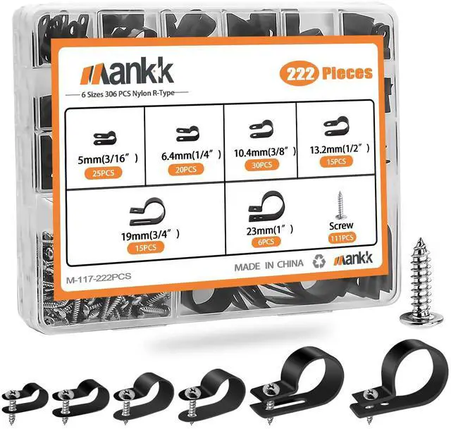 Main image of 222PCS Cable Clips Wire Clips Assortment Kit Nylon Plastic R-Type Cable Clamps 6 Sizes (3/16'' 1/4'' 3/8'' 1/2'' 3/4'' 1'') Wire Mounting Clips with Screws for Cable Management