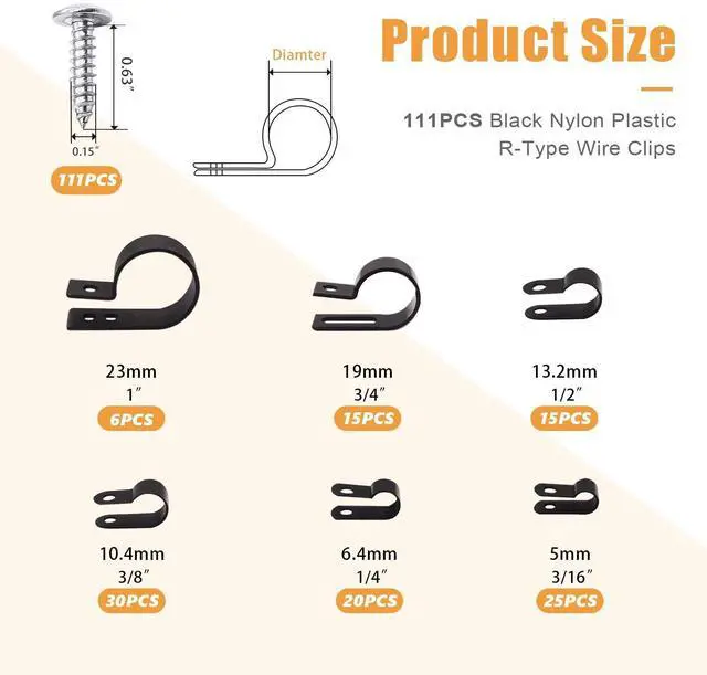 Alt view image 2 of 6 - 222PCS Cable Clips Wire Clips Assortment Kit Nylon Plastic R-Type Cable Clamps 6 Sizes (3/16'' 1/4'' 3/8'' 1/2'' 3/4'' 1'') Wire Mounting Clips with Screws for Cable Management