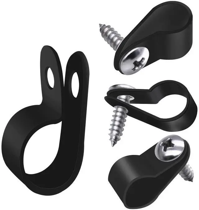 Main image of 100PCS 3/8 Inch Rope Light Clips P-Style Mounting Clips Plastic Cable Clamps with Compatible Stainless Steel Pan Head Phillips Screws for Wire Management M-032-BK-LS