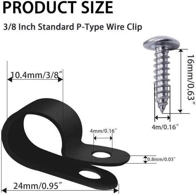 Alt view image 2 of 7 - 100PCS 3/8 Inch Rope Light Clips P-Style Mounting Clips Plastic Cable Clamps with Compatible Stainless Steel Pan Head Phillips Screws for Wire Management M-032-BK-LS