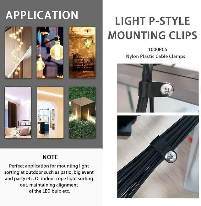 Alt view image 7 of 7 - 100PCS 3/8 Inch Rope Light Clips P-Style Mounting Clips Plastic Cable Clamps with Compatible Stainless Steel Pan Head Phillips Screws for Wire Management M-032-BK-LS