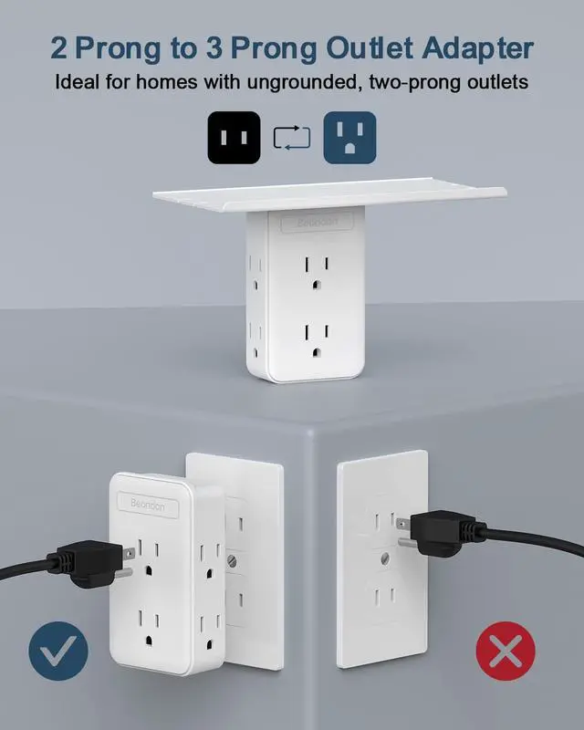 Alt view image 2 of 7 - Wall Outlet Extender with Shelf, 2 Prong to 3 Prong Outlet Adapter with 6 AC Outlets, 3-Sided Power Strip for Non-Grounded Outlets in Old Houses, Dorms, Office
