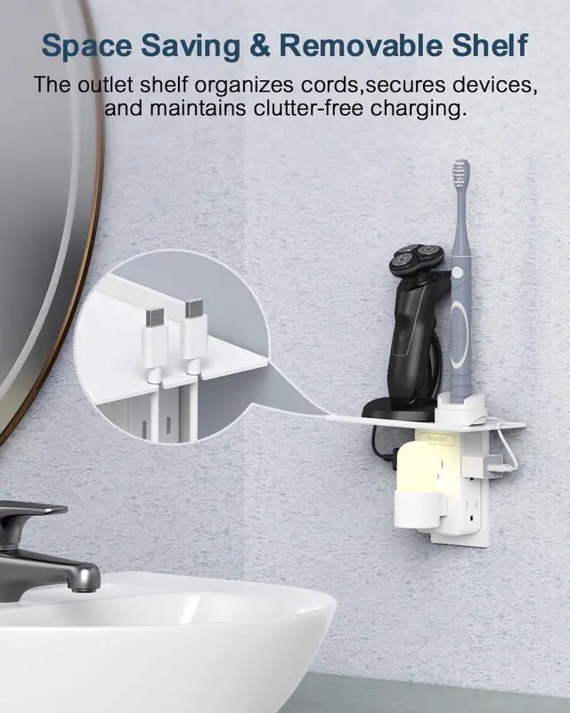 Alt view image 3 of 7 - Wall Outlet Extender with Shelf, 2 Prong to 3 Prong Outlet Adapter with 6 AC Outlets, 3-Sided Power Strip for Non-Grounded Outlets in Old Houses, Dorms, Office