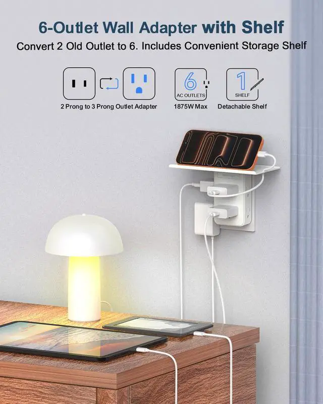 Alt view image 4 of 7 - Wall Outlet Extender with Shelf, 2 Prong to 3 Prong Outlet Adapter with 6 AC Outlets, 3-Sided Power Strip for Non-Grounded Outlets in Old Houses, Dorms, Office