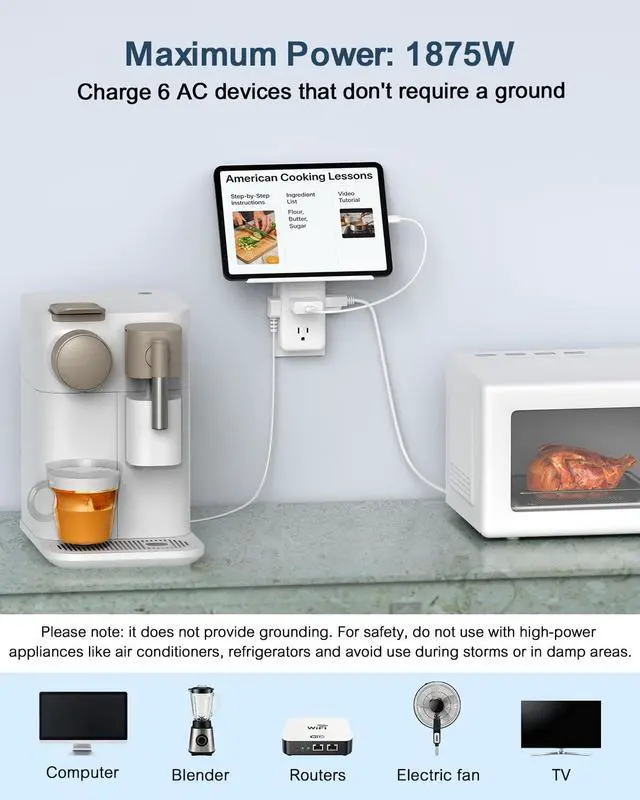 Alt view image 6 of 7 - Wall Outlet Extender with Shelf, 2 Prong to 3 Prong Outlet Adapter with 6 AC Outlets, 3-Sided Power Strip for Non-Grounded Outlets in Old Houses, Dorms, Office