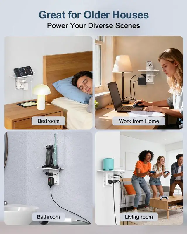 Alt view image 7 of 7 - Wall Outlet Extender with Shelf, 2 Prong to 3 Prong Outlet Adapter with 6 AC Outlets, 3-Sided Power Strip for Non-Grounded Outlets in Old Houses, Dorms, Office