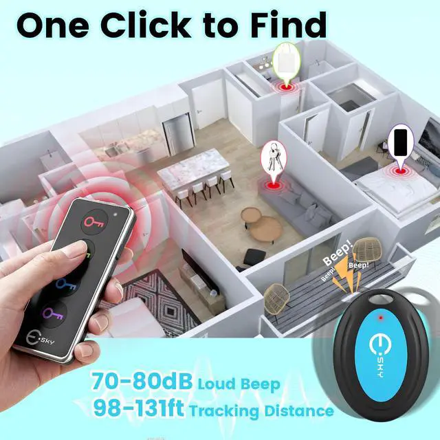 Alt view image 2 of 7 - Key Finder Locator with Sound, 80dB Item Trackers with 131ft Range Beeper Tags, Wireless Key Finders for Finding Keys Wallet Remote Control Pet Phone, 4 Receivers & Flashlight