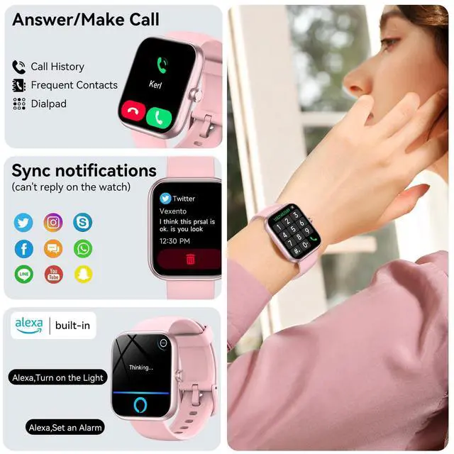 Alt view image 2 of 7 - Smart Watch with Alexa Built-in, 1.83" HD Health Fitness Tracker, Bluetooth Calls/Notifications, 120+ Sports Modes, 24/7 Heart Rate/Sleep Tracking, IP68 Waterproof for iPhone and Android (Pink)