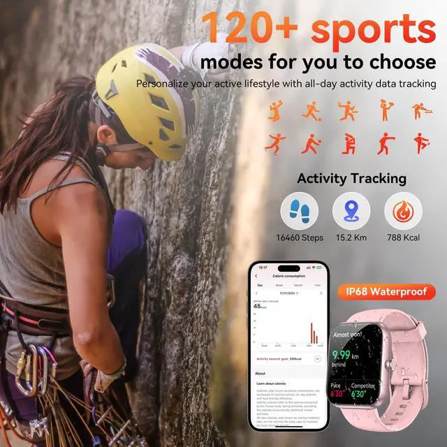 Alt view image 4 of 7 - Smart Watch with Alexa Built-in, 1.83" HD Health Fitness Tracker, Bluetooth Calls/Notifications, 120+ Sports Modes, 24/7 Heart Rate/Sleep Tracking, IP68 Waterproof for iPhone and Android (Pink)
