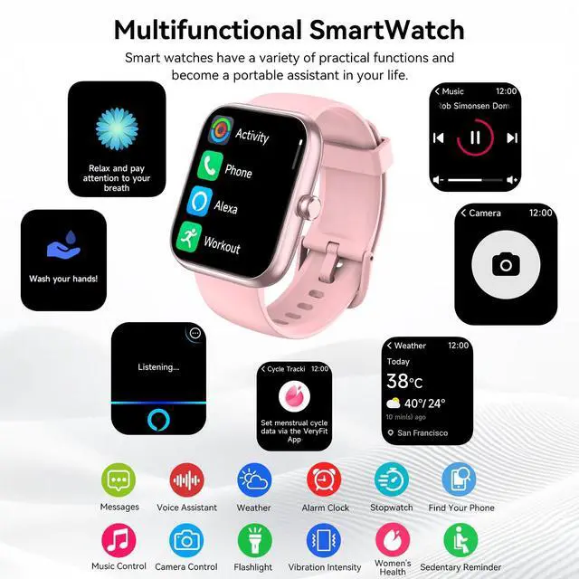 Alt view image 6 of 7 - Smart Watch with Alexa Built-in, 1.83" HD Health Fitness Tracker, Bluetooth Calls/Notifications, 120+ Sports Modes, 24/7 Heart Rate/Sleep Tracking, IP68 Waterproof for iPhone and Android (Pink)