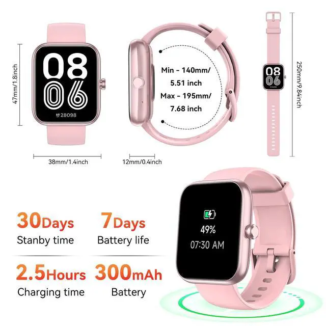 Alt view image 7 of 7 - Smart Watch with Alexa Built-in, 1.83" HD Health Fitness Tracker, Bluetooth Calls/Notifications, 120+ Sports Modes, 24/7 Heart Rate/Sleep Tracking, IP68 Waterproof for iPhone and Android (Pink)