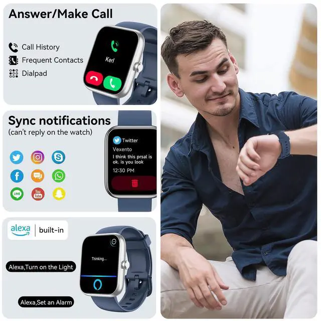 Alt view image 2 of 7 - Smart Watch with Alexa Built-in, 1.83" HD Health Fitness Tracker, Bluetooth Calls/Notifications, 120+ Sports Modes, 24/7 Heart Rate/Sleep Tracking, IP68 Waterproof for iPhone and Android (Blue)