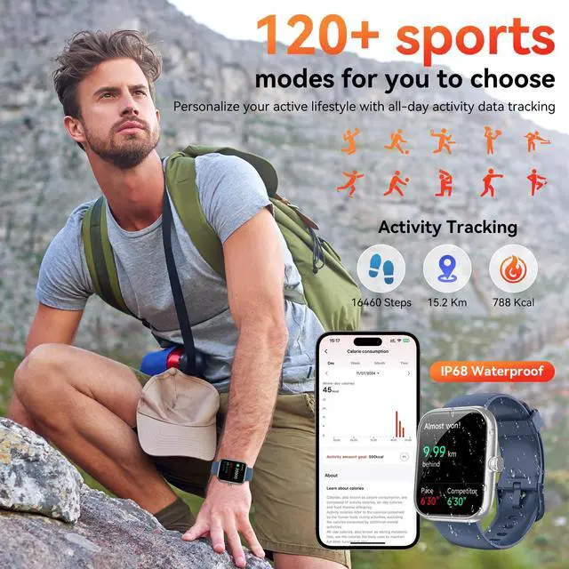 Alt view image 4 of 7 - Smart Watch with Alexa Built-in, 1.83" HD Health Fitness Tracker, Bluetooth Calls/Notifications, 120+ Sports Modes, 24/7 Heart Rate/Sleep Tracking, IP68 Waterproof for iPhone and Android (Blue)